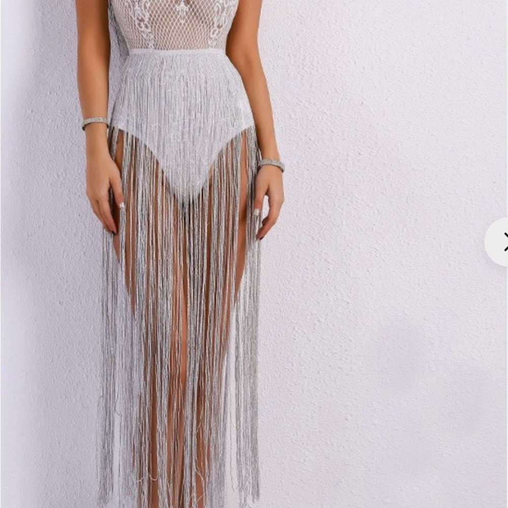 High Neck Lace Appliques Sexy Fringe Mesh Romper Prom, Dance Tassel Dress S/M